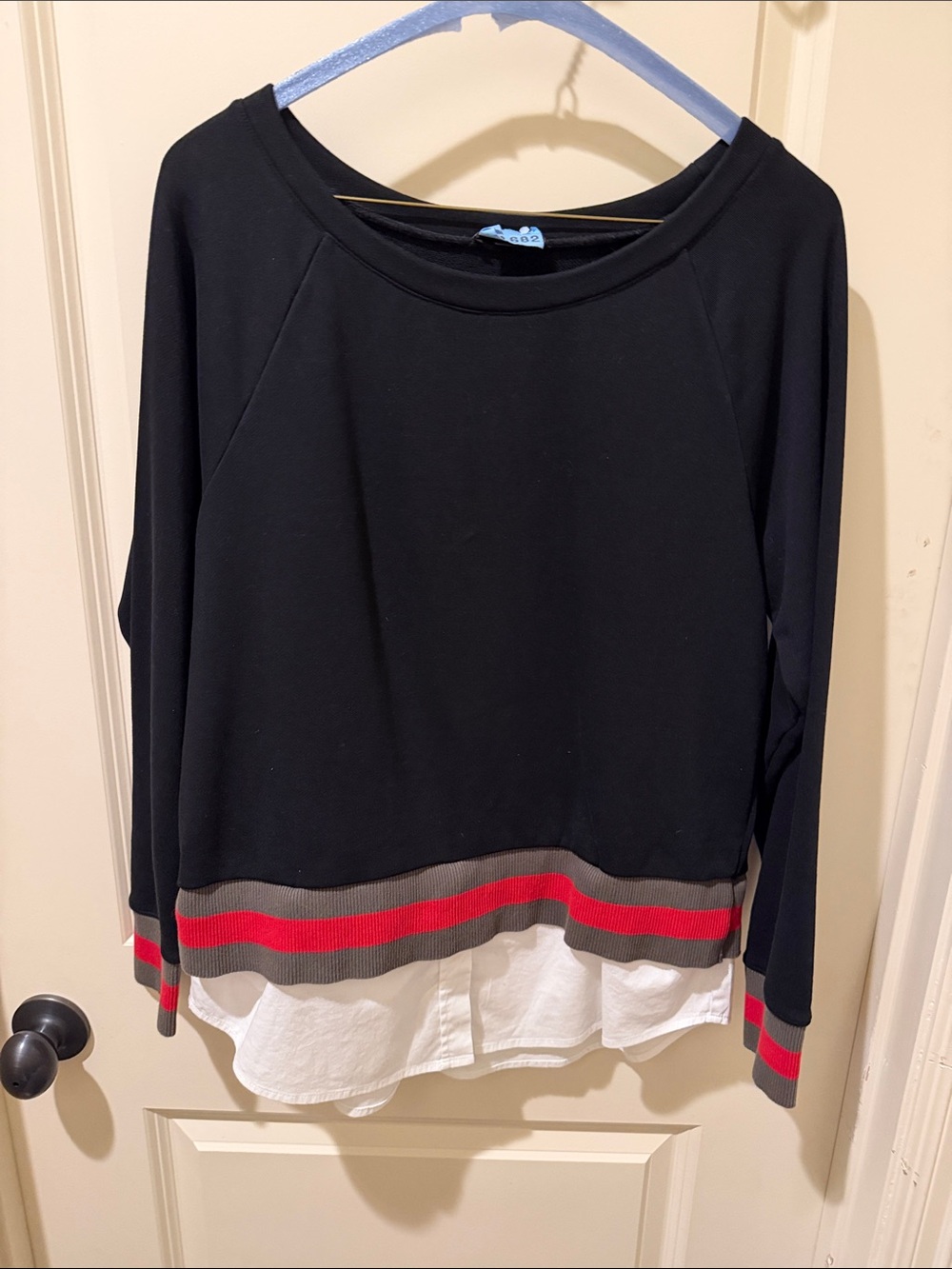 Stella & Dot Black Layered Sweatshirt with Red & Gray Trim